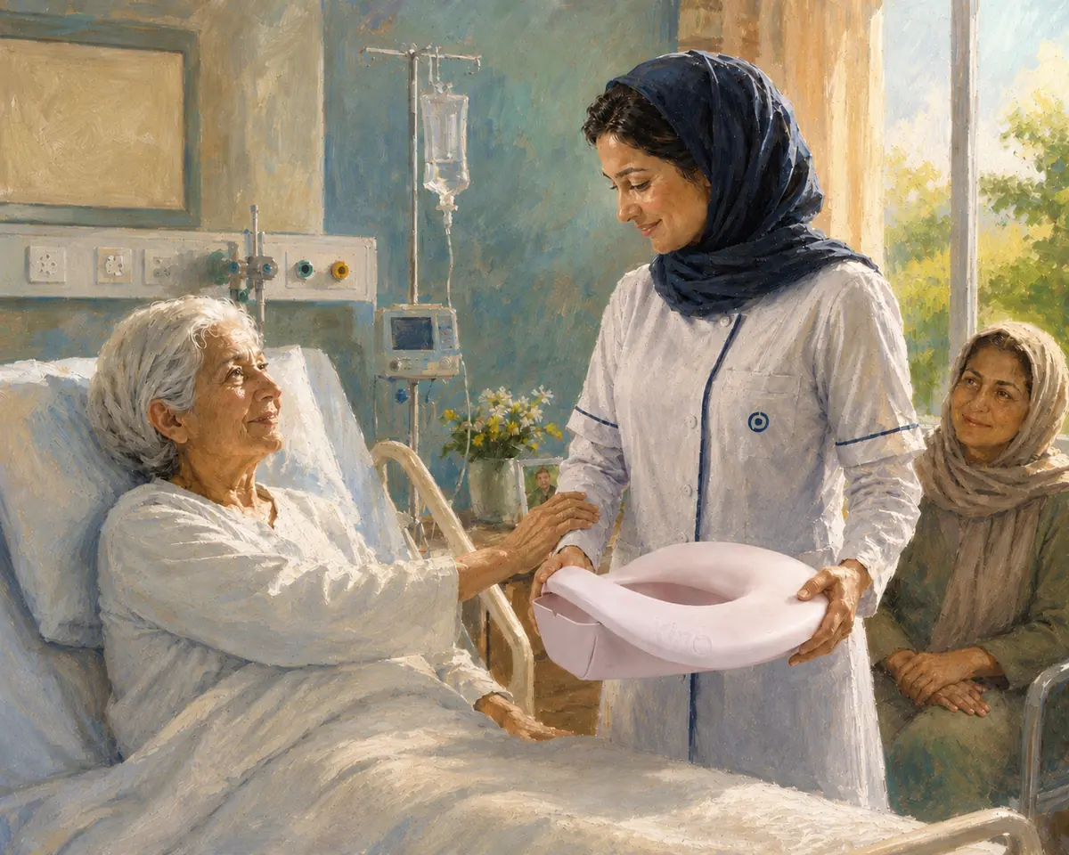 Digital illustration of a caregiver beside a bedridden patient